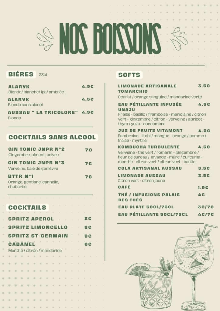Carte des boissons type softs bières cocktails avec ou sans alcool