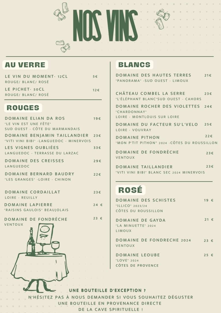 Carte des vins blancs ou rouges ou rosés ou au verre