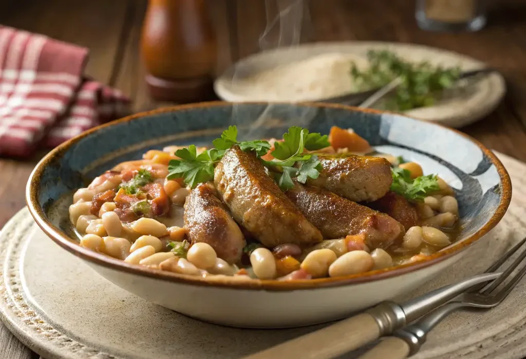 Cassoulet joliment présenté dans une assiette