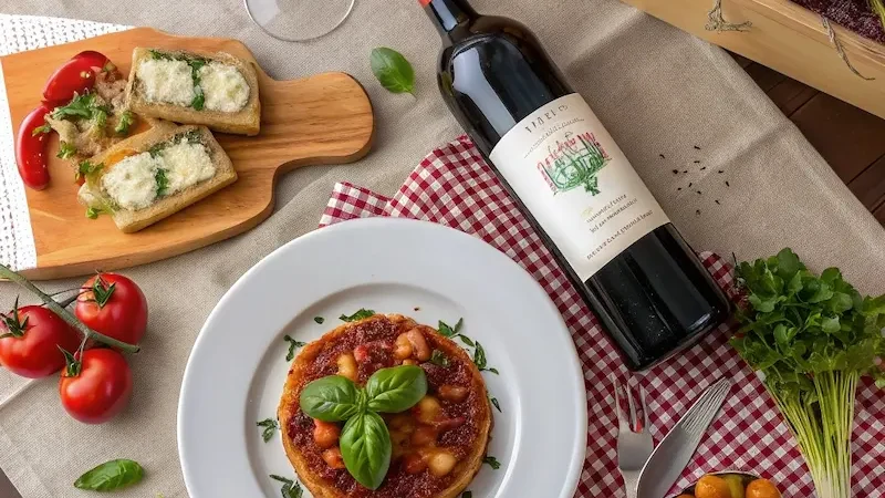 Entrée plat et vin posés sur une nappe avec une serviettevichy rouge