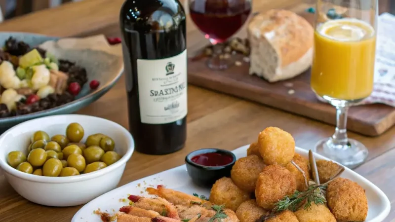 Divers apéritifs gourmands sur une table et une bouteille de vin