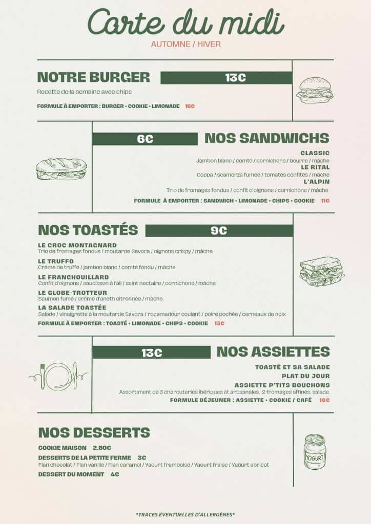 Carte du midi automne / hiver du P'tit resto aux P'tits Bouchons