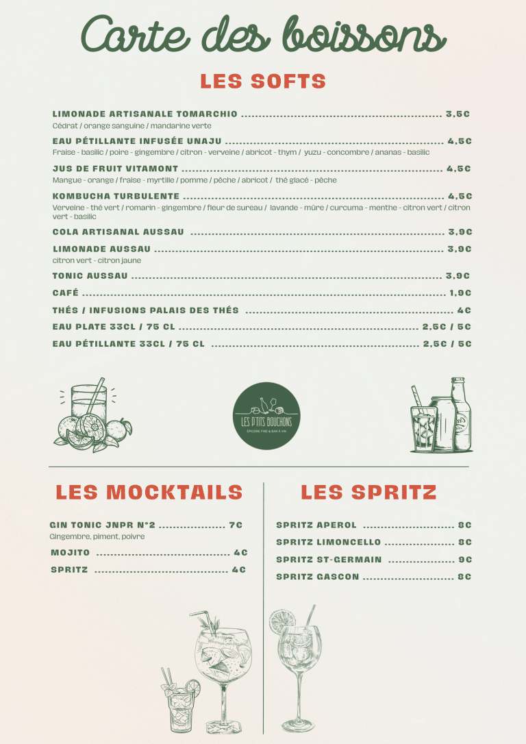 Carte des boissons : les softs, les mocktails et les cocktails