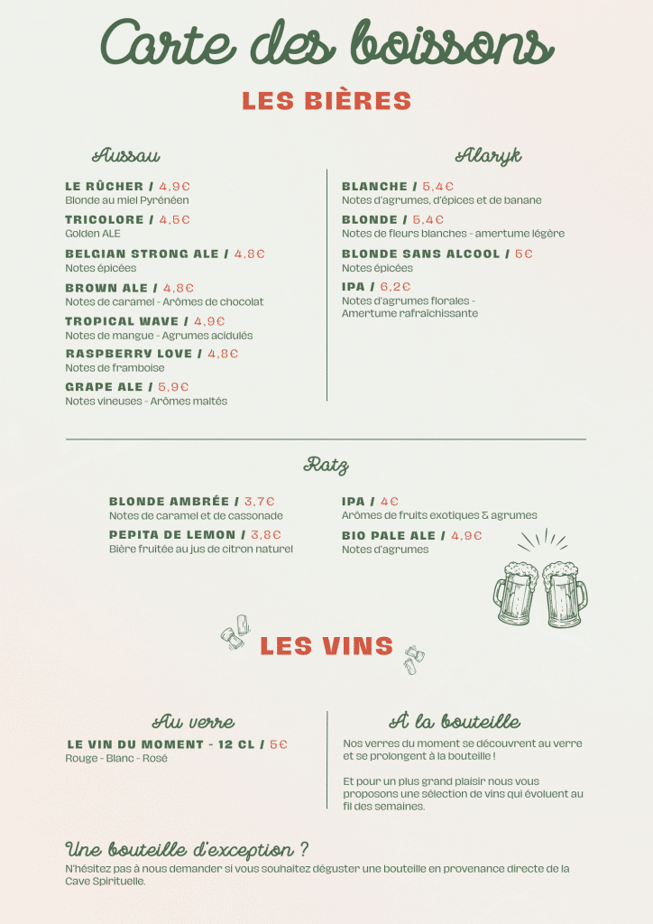 Cartes des boissons : les bières, les vins au verre et à la bouteille