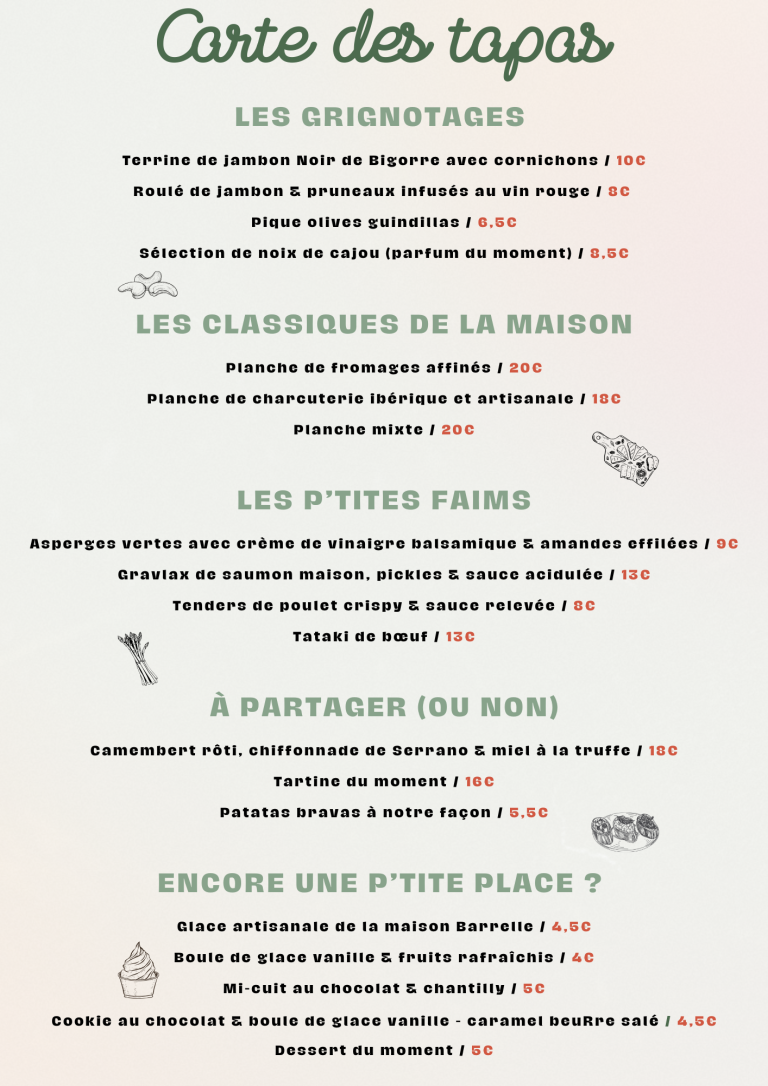 Carte des tapas pour le bar à vin