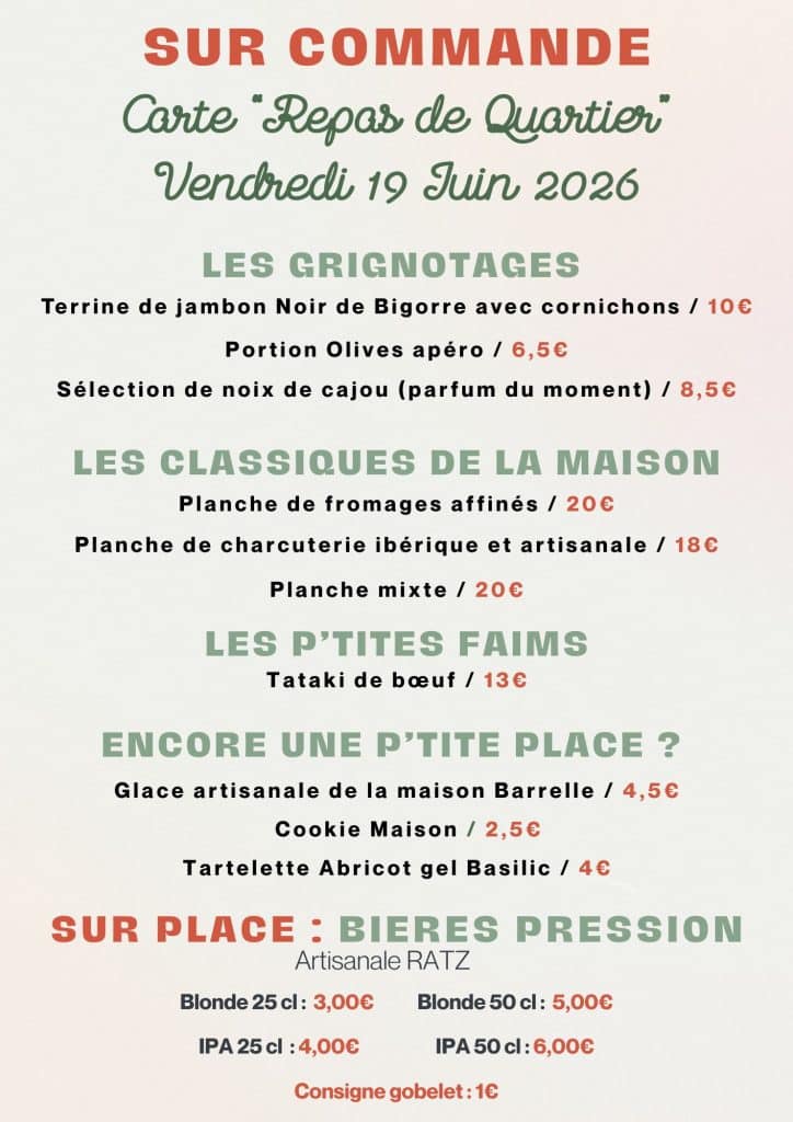 Carte menu pour le repas de quartier de la Concorde du vendredi 19 juin 2026
