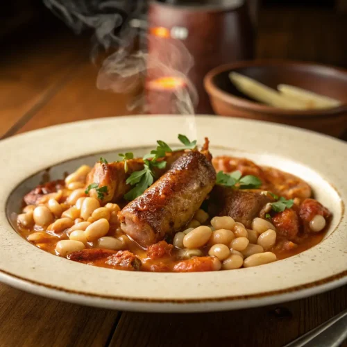 Cassoulet joliment présenté dans une assiette